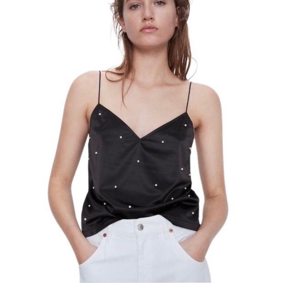 Zara black pearl studded crop cami top - Picture 3 of 7